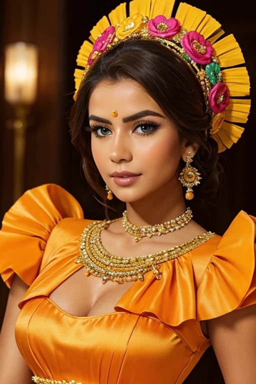 a close up of a woman in a robe colorée posing for a picture, beau costume, costume orange et jaune, robe colorée, belle femme mexicaine, robe et visage détaillés., plein de couleurs and rich detail, robe ornée con volantes, beauté traditionnelle, costume traditionnel, plein de couleurs, porter une robe faite de perles, porter un costume orné, robe ornée, une robe complexe,😭 🤮 💕 🎀.