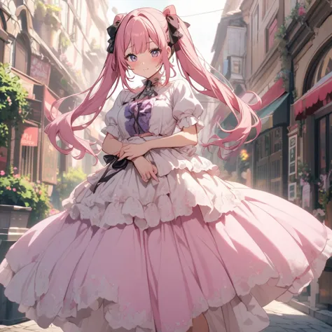 a pink haired woman with ponytails dressed in a dress