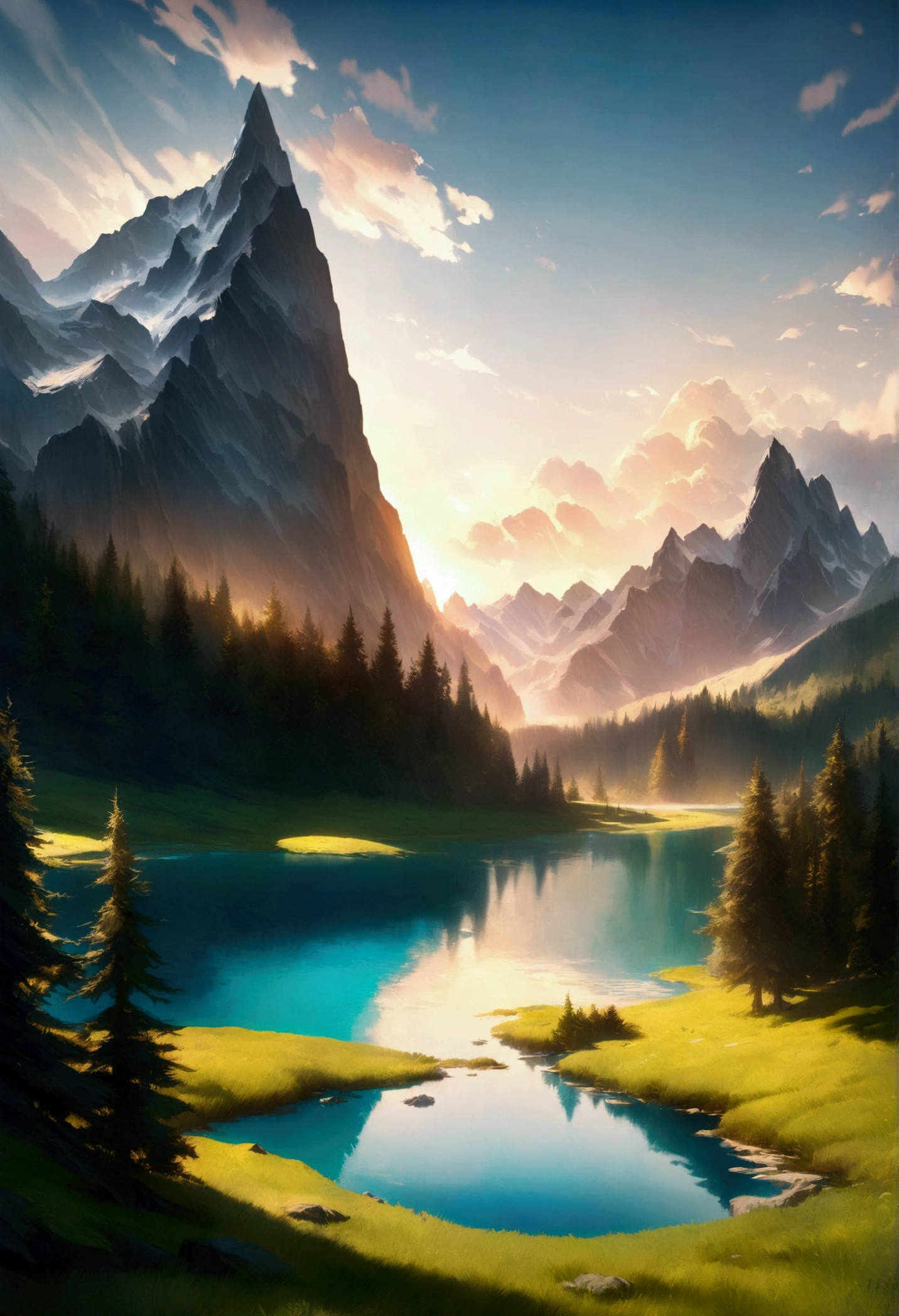 A beautiful fantasy landscape with a serene lake, surrounded by lush forests and towering mountains in the background. The scene is bathed in warm, golden sunlight, creating a tranquil and dreamlike atmosphere.

(best quality,8k,masterpiece:1.2),ultra-detailed,realistic,photorealistic,HDR,UHD,studio lighting,ultra-fine painting,sharp focus,physically-based rendering,extreme detail description,professional,vivid colors,landscape,fantasy,serene lake,lush forests,towering mountains,warm golden sunlight,tranquil,dreamlike