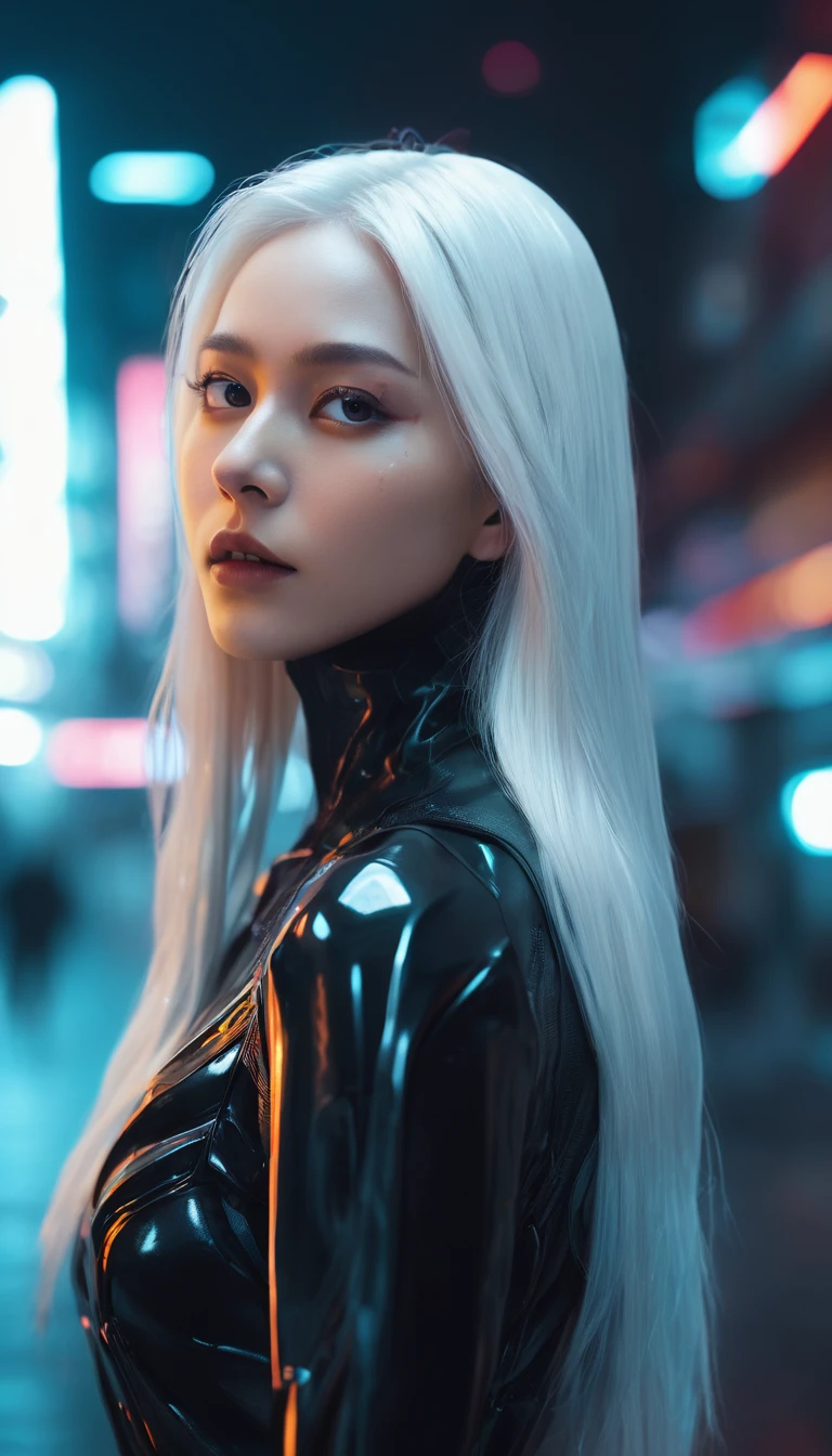 A beautiful cyborg woman, detailed face and eyes, long white hair, mechanical body, black skintight outfit, standing in a futuristic city, neon lights, bladerunner style, cinematic lighting, moody, dramatic, high contrast, desaturated colors, ultra-detailed, 8k, photorealistic