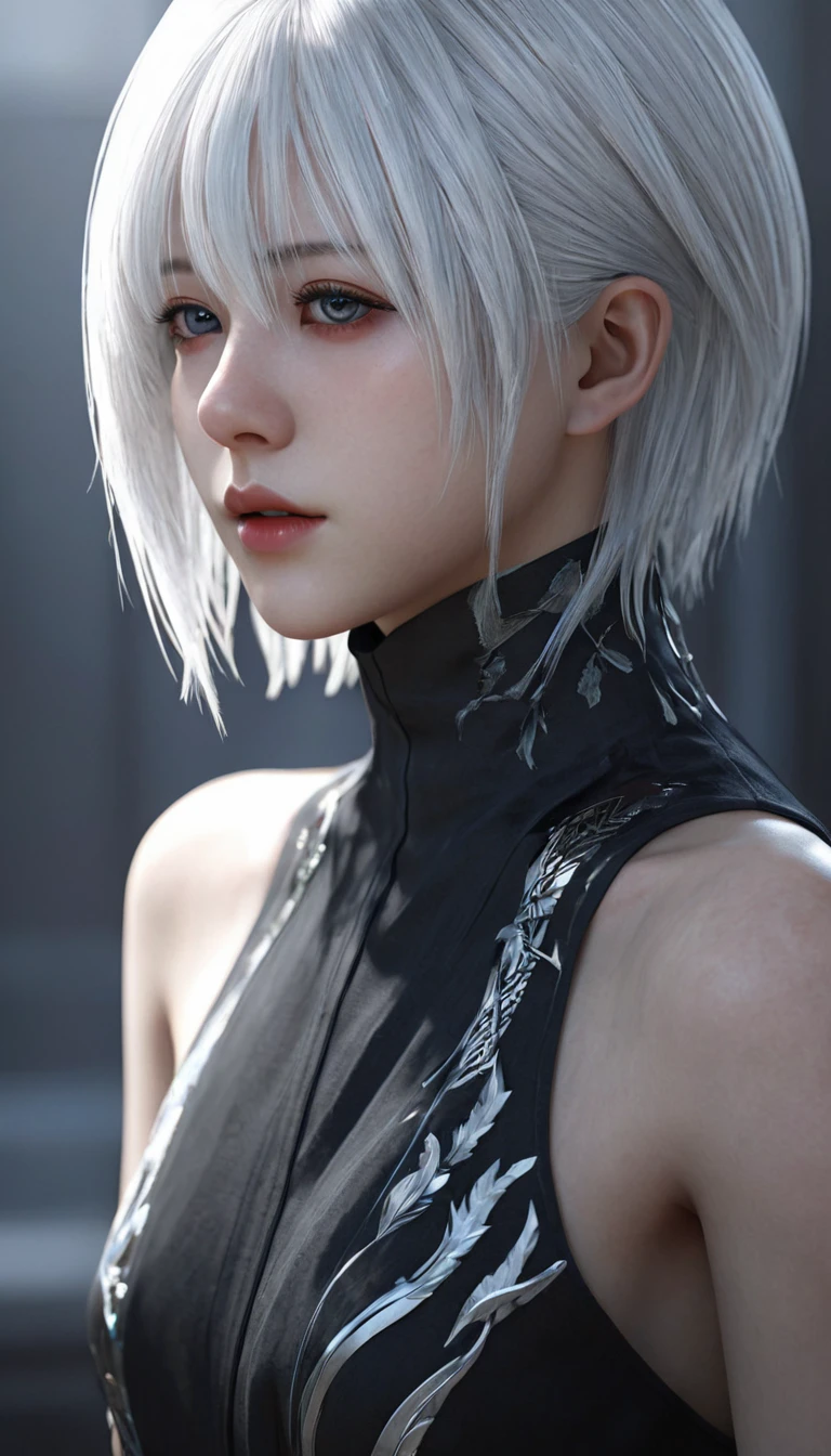 yorha, hermosa chica androide, pelo blanco, vestido negro, cara detallada, ojos detallados, labios detallados, extremadamente detallado, alta calidad, arte digital, hiper detallado, iluminación cinematográfica, sombras dramáticas, colores dramáticos, ciencia ficción, futuristic, distópico, detalles intrincados, Fotorrealista, 8K, mejor calidad