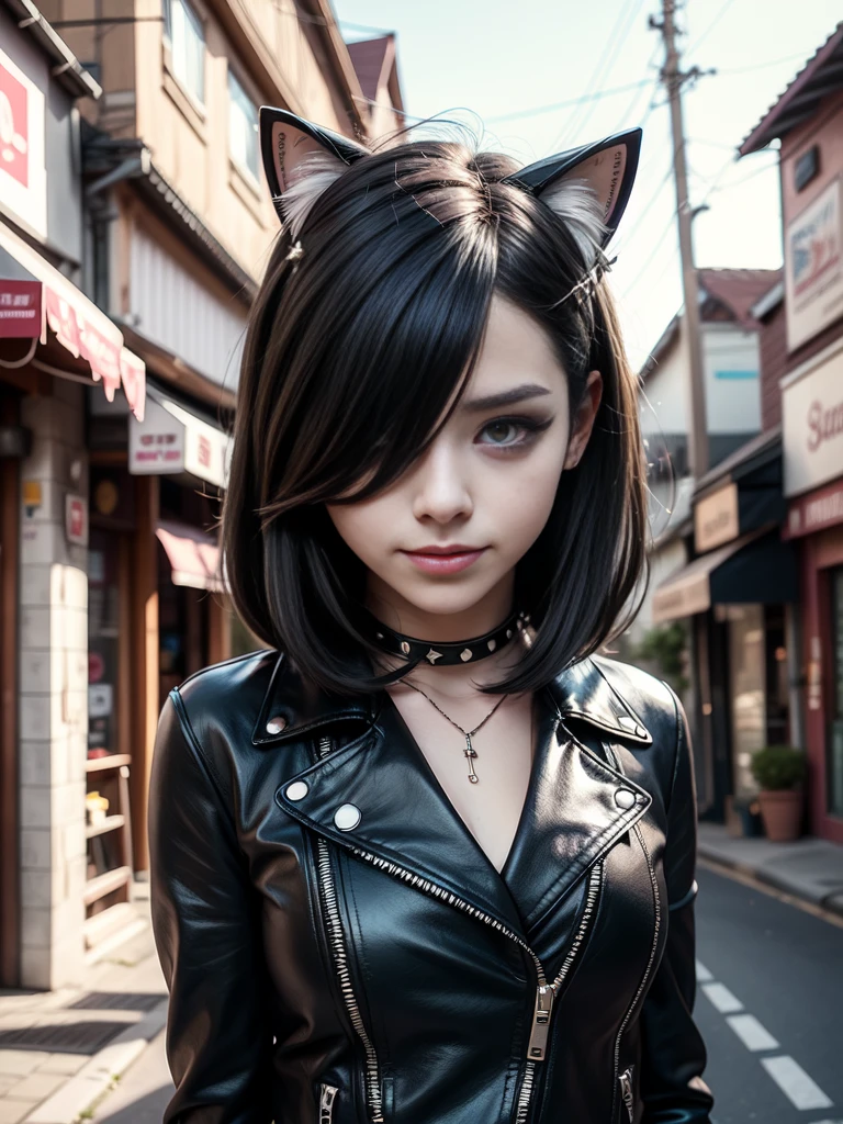 very young slim fit girl, at full height, (rounded face:1.2), very long disheveled dark brown hair, (big brown eyes:1.2), shy smile, perfect flat breast, band on head with fake cat ears, parororo, eyelashes, ariawm, accurate snub nose, (very long strand of hair between eyes:1.3), wearing a studded leather jacket and tulle skirt, with dramatic makeup, summer street, old city, hair over one eye