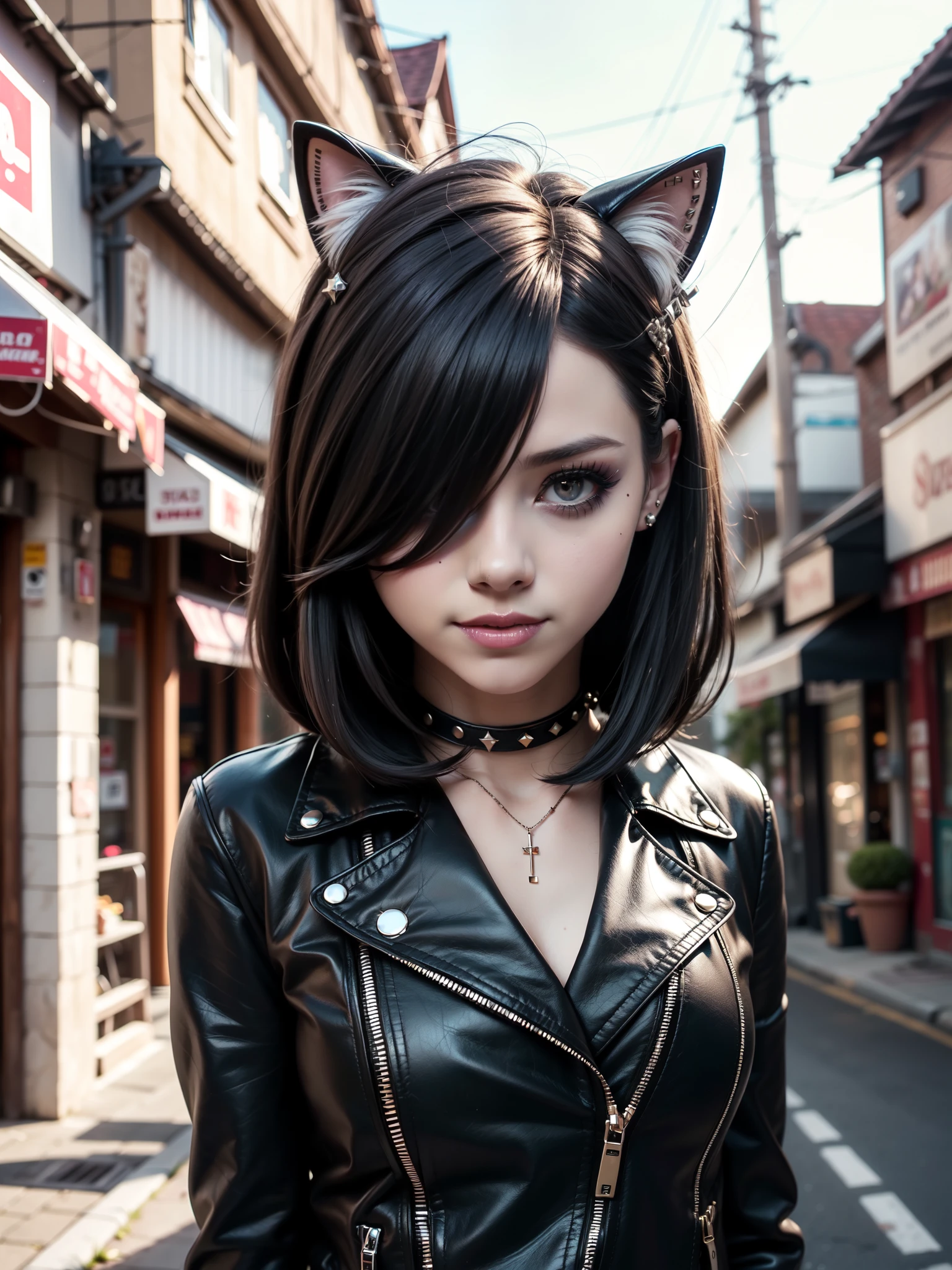 very young slim fit girl, at full height, (rounded face:1.2), very long disheveled dark brown hair, (big brown eyes:1.2), shy smile, perfect flat breast, band on head with fake cat ears, parororo, eyelashes, ariawm, accurate snub nose, (very long strand of hair between eyes:1.3), wearing a studded leather jacket and tulle skirt, with dramatic makeup, summer street, old city, hair over one eye