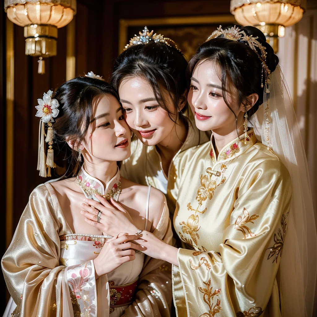 ((Highest quality)), ((masterpiece)), (detailed), （Perfect Face）、The woman is wearing a gorgeous, glittering Hanfu with gold embroidery and trim, and an engagement ring.、The woman and the middle-aged Chinese man embrace each other, kiss each other in vows, and are happily married at a luxurious Chinese wedding venue.