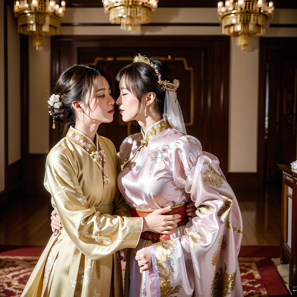 ((Highest quality)), ((masterpiece)), (detailed), （Perfect Face）、The woman is wearing a gorgeous, glittering Hanfu with gold embroidery and trim.、The woman and the middle-aged Chinese man embrace each other, kiss each other in vows, and are happily married at a luxurious Chinese wedding venue.