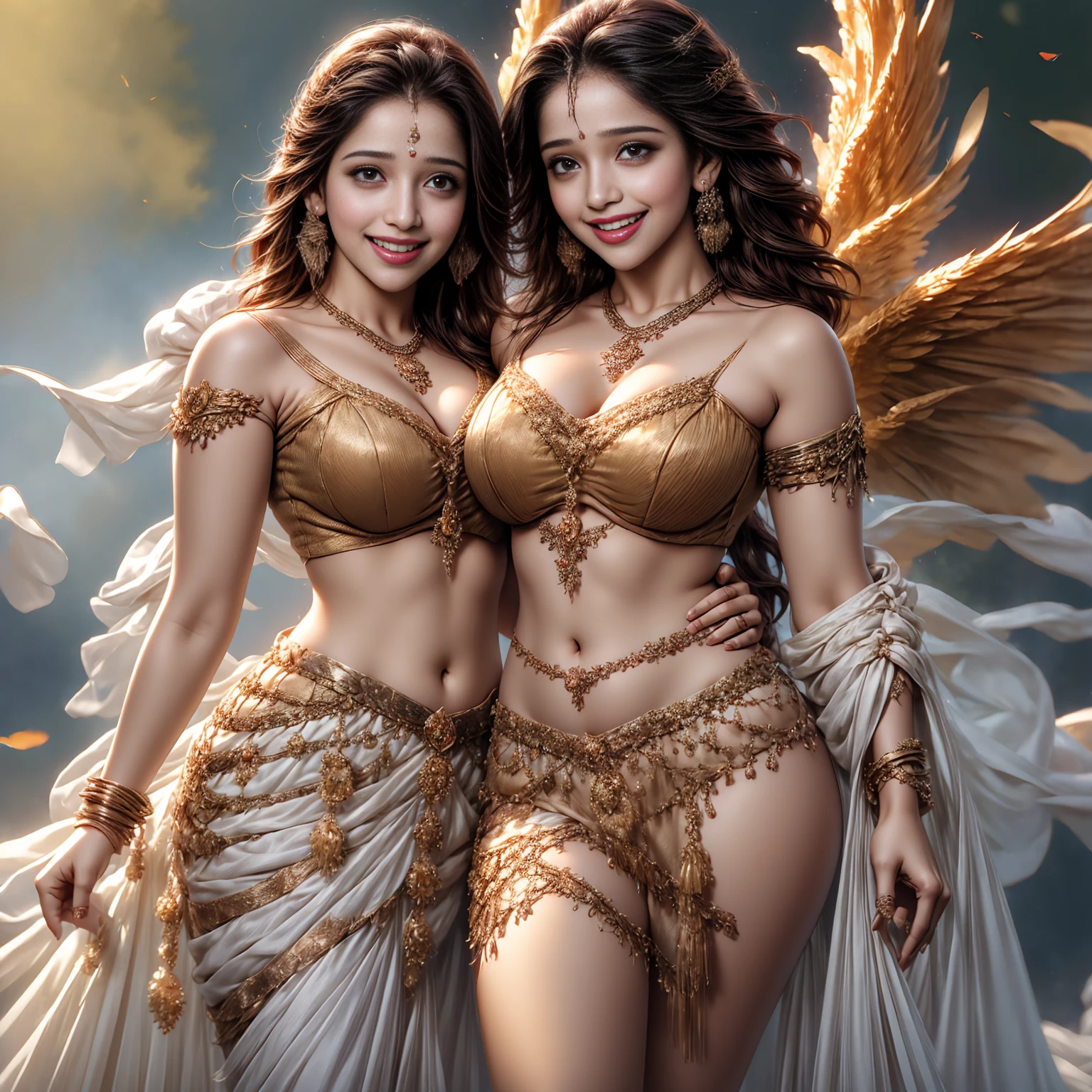 HD wallpaper 32k cinematic shoot of a Beautiful cute Tamannah Bhatia, dragon armour, pair of phoenix wings, with thick thighs and a curvy waist,  wearing a beautiful Indian dress, ((lowwaist)), ((smiling)) , everything in detail and clear like 8k.