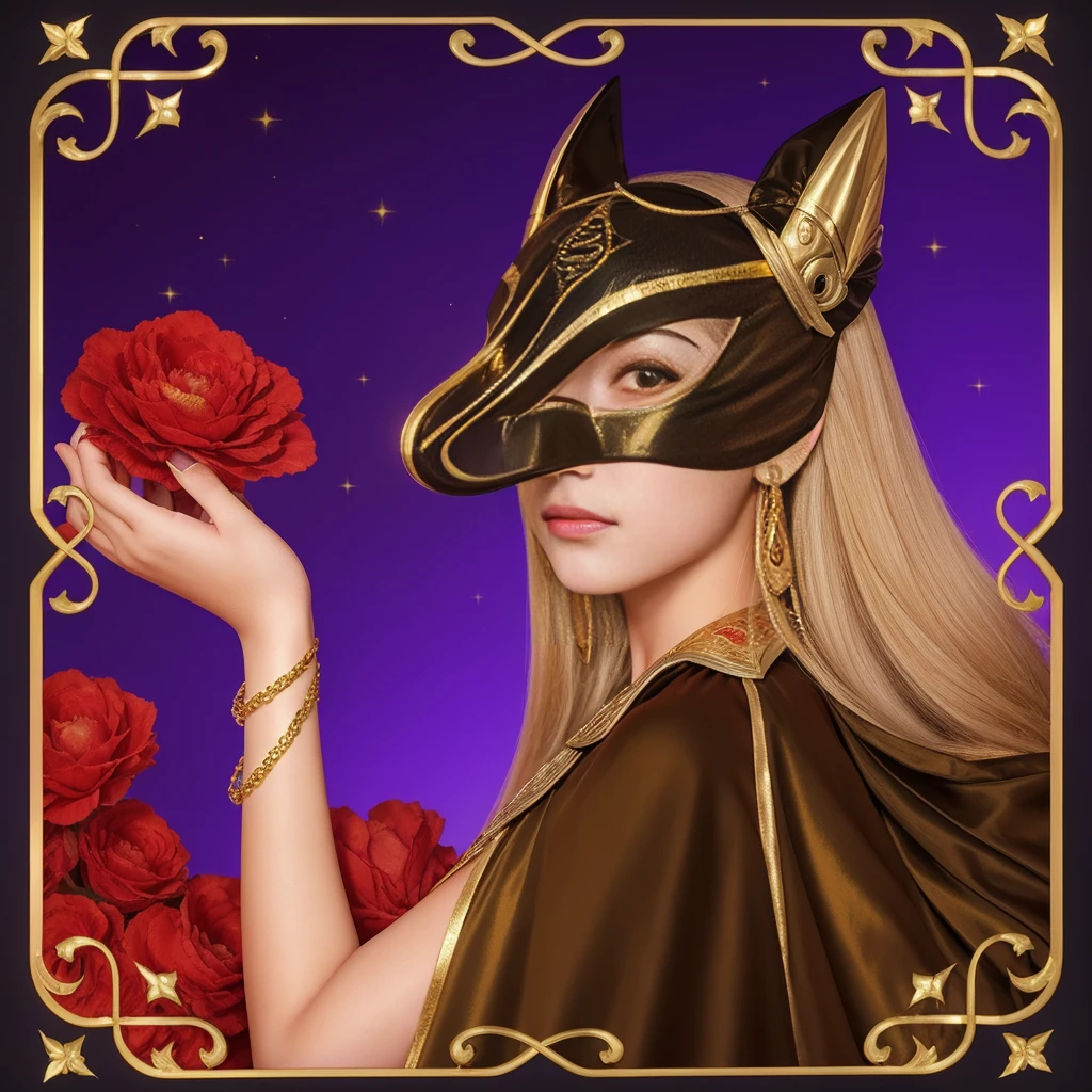 a gorgeous 12 year-old girl wearing a egyptian mask with a gold satin cape cloak, mesmerizing fantasy render, extremely detailed, 4k, perfect face