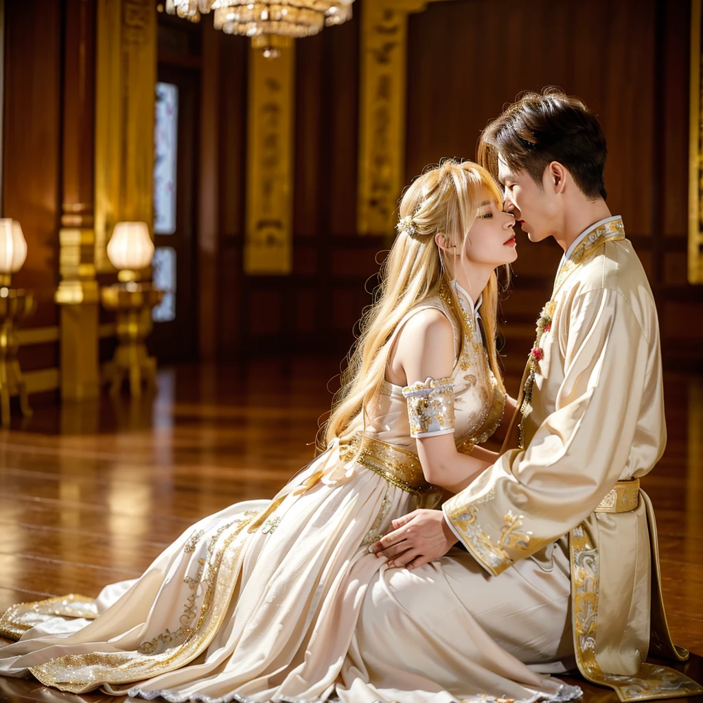 ((Highest quality)), ((masterpiece)), (detailed), （Perfect Face）、The woman has blonde hair and wears a gorgeous, glittering Hanfu with gold embroidery and trim.、The woman and the middle-aged Chinese man embrace each other, kiss each other in vows, and are happily married at a luxurious Chinese wedding venue.