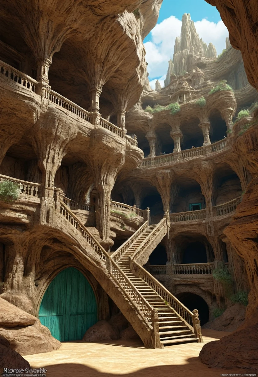 il y a de nombreuses cavités inversées (différentes pièces, unis par des projections de bulbe de mandrin qui forment des passages) au milieu d&#39;un canyon souterrain qui forme un village de boue de mandelbulb à différentes hauteurs avec de nombreux balcons et stalactites et stalactites, architecture fantastique, art numérique 4k très détaillé, belle fantaisie détaillée, superbe paysage fantastique, art numérique fantastique détaillé, arstation et bip sonore élevé, rendu d&#39;octane 8k de style fantastique, stuning rendu 3D fantastique, Fantastique détaillé en 4K, rendu 3D fantastique, Bip de rendu 3D, paysage désertique profond et massif, stalacmite grotte labyrinthe type très déroutant géonose bulles