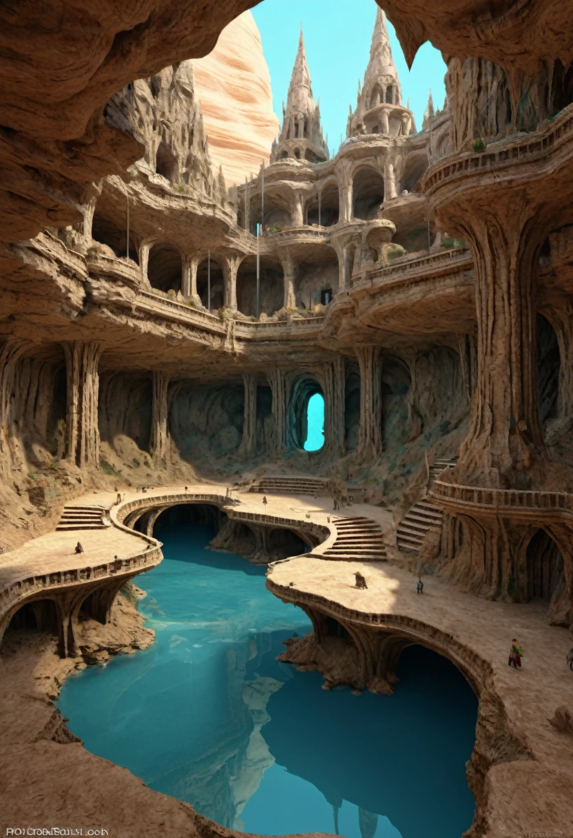 there are many inverted cavities (different rooms, united by mandelbulb projections that form passages) in the middle of an underground canyon that forms a mandelbulb mud village at different heights with many balconies and stalactites and stalactites, fantasy architecture, Highly detailed 4K digital art, beautiful detailed fantasy, stunning fantasy landscape, detailed fantasy digital art, arstation and high beep, fantasy style 8k octane rendering, stuning fantasy 3d rendering, Detailed fantasy in 4K, fantasy 3d rendering, 3D rendering beep, deep and massive desert landscape, stalacmite cave labyrinth type very confusing geonosis bubbes