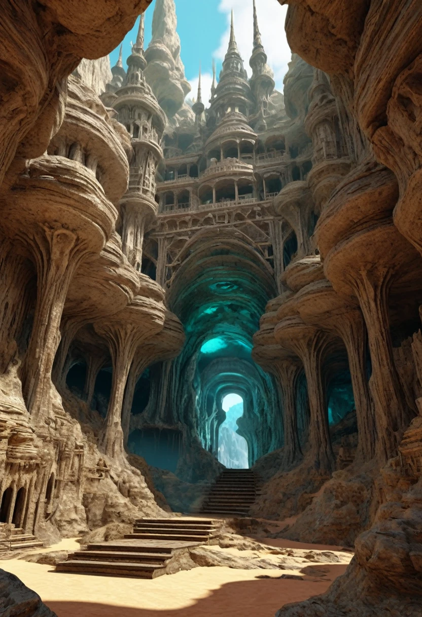 il y a de nombreuses cavités inversées (différentes pièces, unis par des projections de bulbe de mandrin qui forment des passages) au milieu d&#39;un canyon souterrain qui forme un village de boue de mandelbulb à différentes hauteurs avec de nombreux balcons et stalactites et stalactites, architecture fantastique, art numérique 4k très détaillé, belle fantaisie détaillée, superbe paysage fantastique, art numérique fantastique détaillé, arstation et bip sonore élevé, rendu d&#39;octane 8k de style fantastique, stuning rendu 3D fantastique, Fantastique détaillé en 4K, rendu 3D fantastique, Bip de rendu 3D, paysage désertique profond et massif, stalacmite grotte labyrinthe type très déroutant géonose bulles