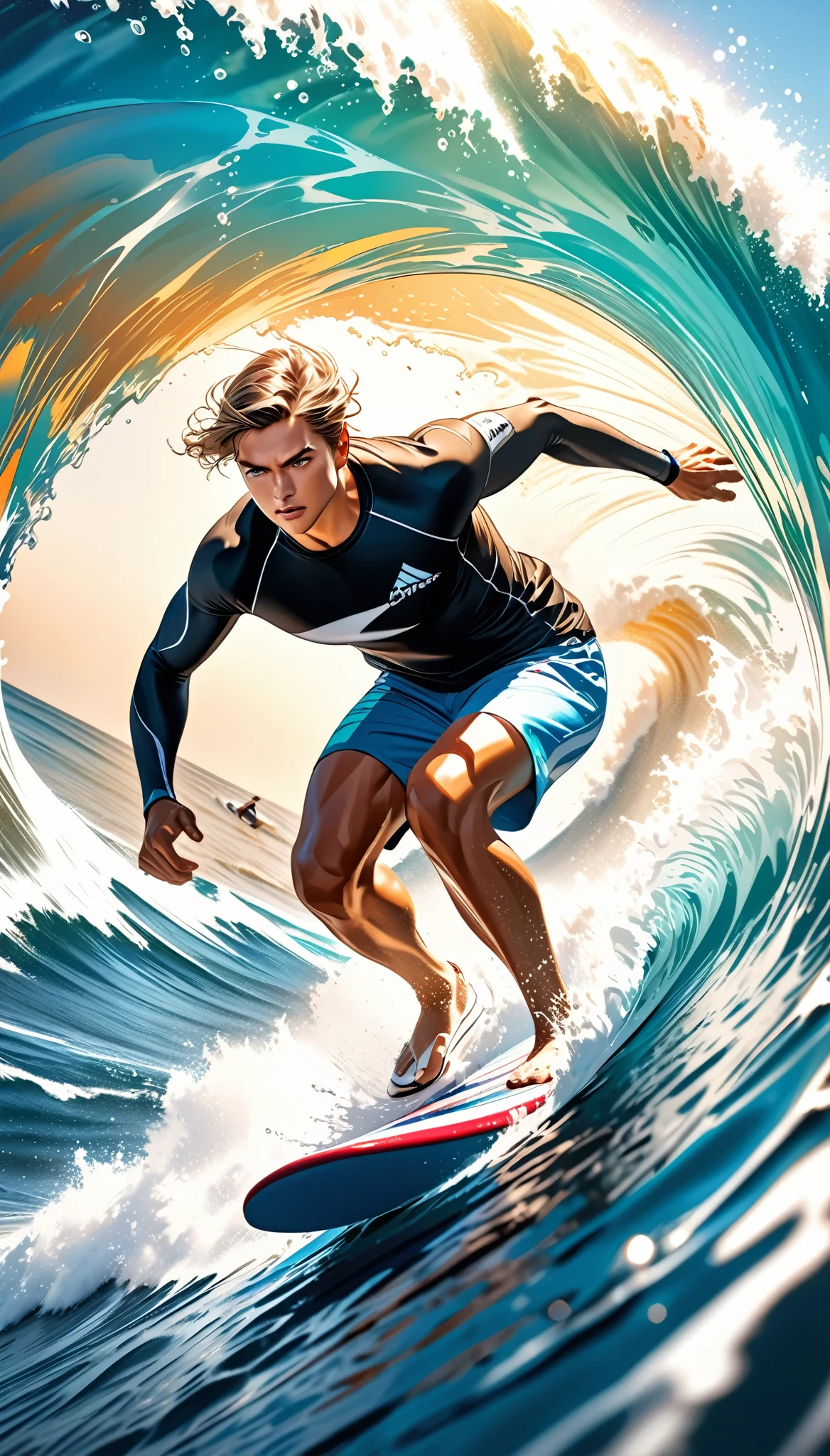 Um surfista surfando uma onda enorme, extremamente detalhado e fotorrealista, ação esportiva dinâmica, água cristalina do oceano, Pintura colorida de alto contraste, linhas elaboradas em forma de esboço, hiper-realista, Raio rastreado, apresentação estética desafiadora, movimento dinâmico, composição dramática, efeitos cativantes para o espectador, atmosfera refrescante e arejada, surfista atraente, perspectiva dramática de close-up, fotografia de alta resolução, detalhes finos requintados