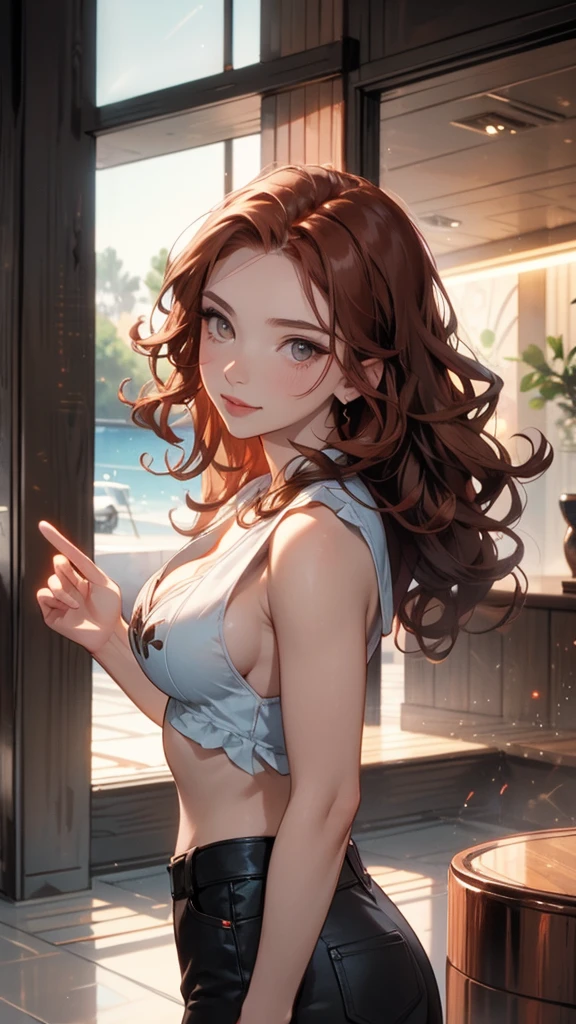 very detailed background, mesa, Best Quality, 1 woman, Alone, ((mesa, Best Quality)),better aesthetics, eye shadows, Wavy Red Hair, Brown eyes, loose hair , smile, by the wide, Curly hair, looking at the viewer, medium breasts, Brown hair, ripped red top, ripped shorts