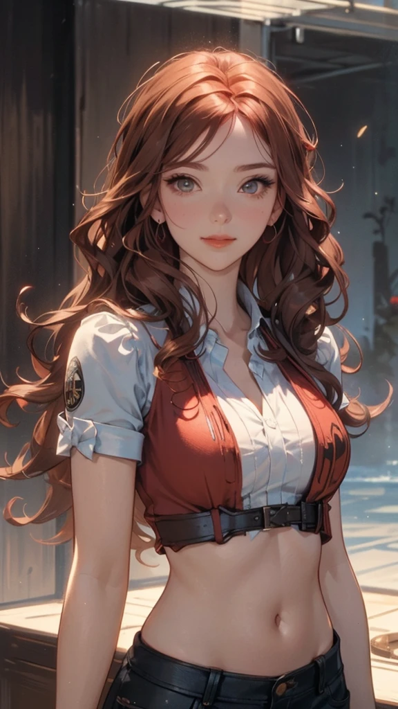 very detailed background, mesa, Best Quality, 1 woman, Alone, ((mesa, Best Quality)),better aesthetics, eye shadows, Wavy Red Hair, Brown eyes, loose hair , smile, by the wide, Curly hair, looking at the viewer, medium breasts, Brown hair, ripped red top, ripped shorts