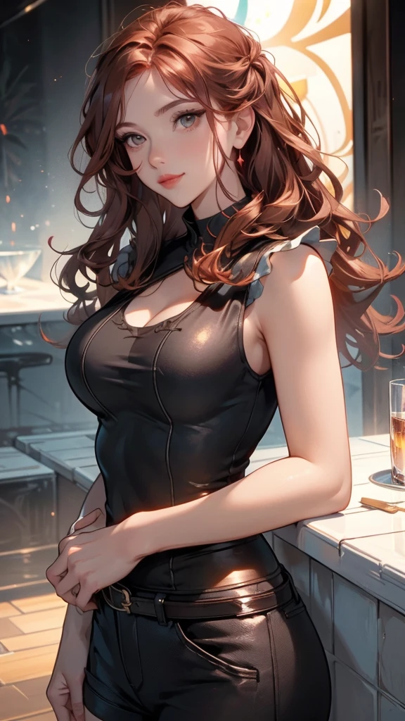 very detailed background, mesa, Best Quality, 1 woman, Alone, ((mesa, Best Quality)),better aesthetics, eye shadows, Wavy Red Hair, Brown eyes, loose hair , smile, by the wide, Curly hair, looking at the viewer, medium breasts, Brown hair, ripped red top, ripped shorts