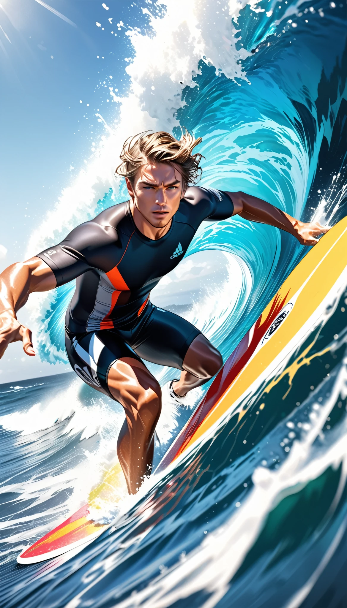 Um surfista surfando uma onda enorme, extremamente detalhado e fotorrealista, ação esportiva dinâmica, água cristalina do oceano, Pintura colorida de alto contraste, linhas elaboradas em forma de esboço, hiper-realista, Raio rastreado, apresentação estética desafiadora, movimento dinâmico, composição dramática, efeitos cativantes para o espectador, atmosfera refrescante e arejada, surfista atraente, perspectiva dramática de close-up, fotografia de alta resolução, detalhes finos requintados