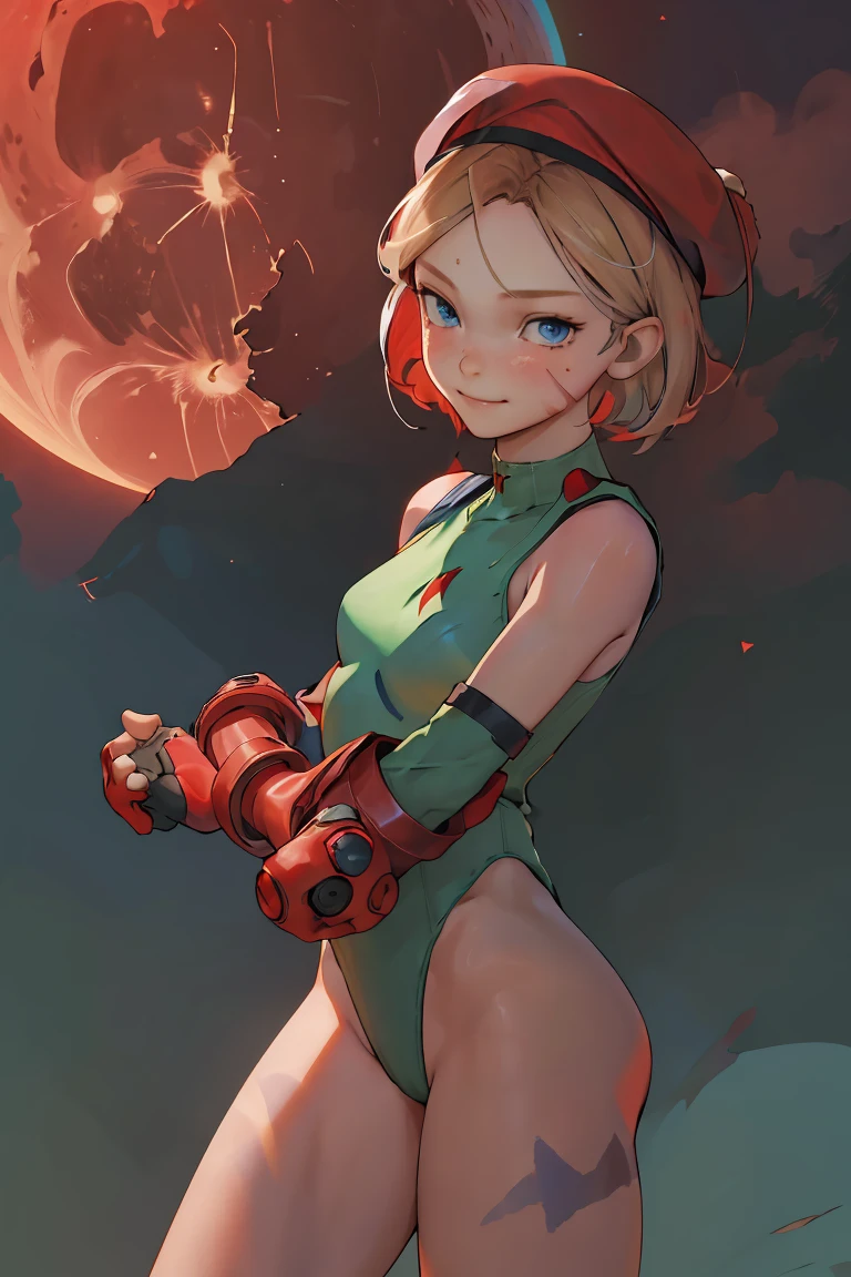 master part, best qualityer, high resolution , Sara Miller ,12 year old , 1 girl, (Cammy branco ) ,  hair blonde ,smug smile  , red beret, (red headwear:1.3), blue colored eyes, scar on cheek, green leotard, Flat Breast , sleeveless, red mitts, mitts  , standing, , moon background