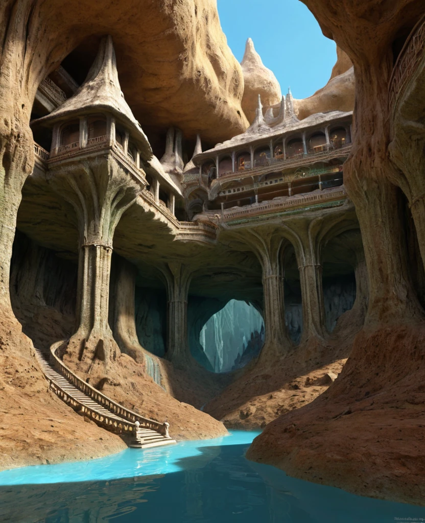 il y a de nombreuses cavités inversées (différentes pièces, unis par des projections de bulbe de mandrin qui forment des passages) au milieu d&#39;un canyon souterrain qui forme un village de boue de mandelbulb à différentes hauteurs avec de nombreux balcons et stalactites et stalactites, architecture fantastique, art numérique 4k très détaillé, belle fantaisie détaillée, superbe paysage fantastique, art numérique fantastique détaillé, arstation et bip sonore élevé, rendu d&#39;octane 8k de style fantastique, stuning rendu 3D fantastique, Fantastique détaillé en 4K, rendu 3D fantastique, Bip de rendu 3D, paysage désertique profond et massif, stalacmite grotte labyrinthe type très déroutant géonose bulles