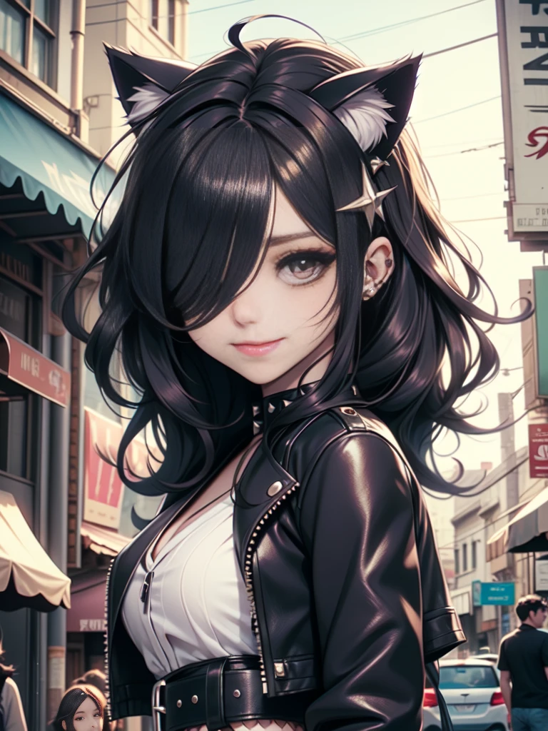 very young slim fit girl, at full height, (rounded face:1.2), very long disheveled dark brown hair, (big brown eyes:1.2), shy smile, perfect flat breast, band on head with fake cat ears, parororo, eyelashes, ariawm, accurate snub nose, (very long strand of hair between eyes:1.3), wearing a studded leather jacket and tulle skirt, with dramatic makeup, summer street, old city, hair over one eye