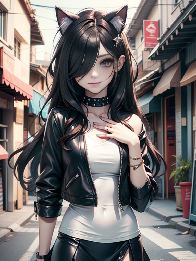 very young slim fit girl, at full height, (rounded face:1.2), very long disheveled dark brown hair, (big brown eyes:1.2), shy smile, perfect flat breast, band on head with fake cat ears, parororo, eyelashes, ariawm, accurate snub nose, (very long strand of hair between eyes:1.3), wearing a studded leather jacket and tulle skirt, with dramatic makeup, summer street, old city, hair over one eye