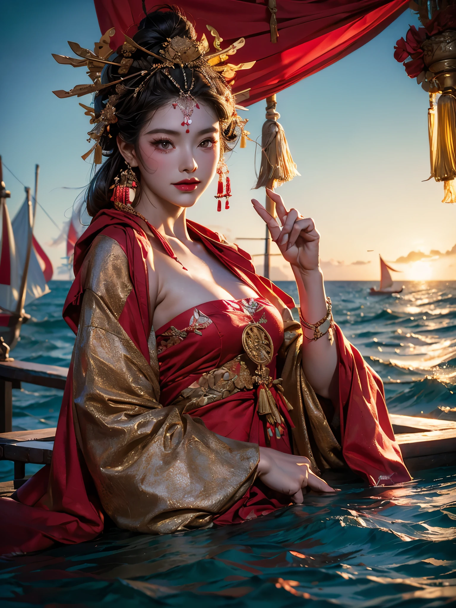 Armpit Show,(masterpiece, super high quality, Very detailed), Sleeveless clothing,landscape, Young girl, absolute, Scarlet Sails, Girl looking at the sea from the beach, Camera staring at the sea, Intricate details, sailing ship with Scarlet Sails, A scene from an Alexander Green novel "Scarlet Sails"