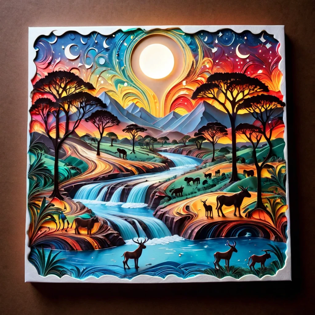 paper cut art (((work of art))),best qualityer, illustration, African map, within African map we see a natta sky, nube, banana plantation, rivers, mountainscape, lions, giraffes, cows, sin humanos, natta, birds, moonligh, building, natta sky, Scenario, starry sky, gram, House, Trees, waterfall, birds in the sky, African map, vibrant color scheme, smooth light,(warm color:1.2),Watercolor painting, light background, best qualityer exquisite details,, cake, paper_cut of African map.