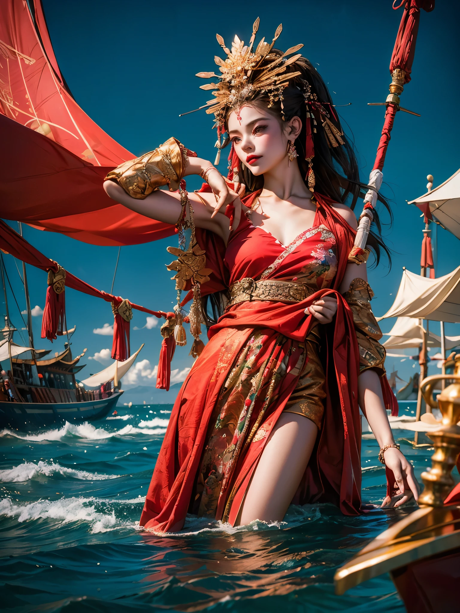 Armpit Show,(masterpiece, super high quality, Very detailed), Sleeveless clothing,landscape, Young girl, absolute, Scarlet Sails, Girl looking at the sea from the beach, Camera staring at the sea, Intricate details, sailing ship with Scarlet Sails, A scene from an Alexander Green novel "Scarlet Sails"