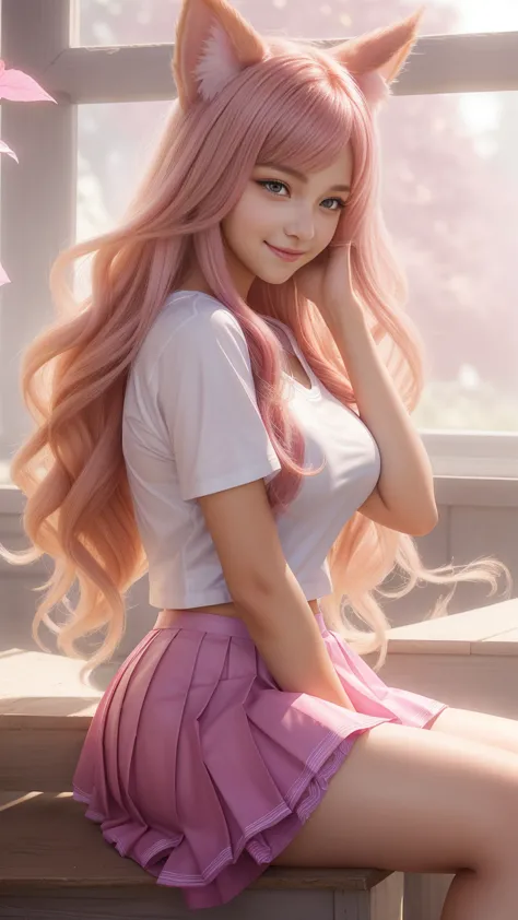 a gorgeous 12 year-old girl wearing a white t-shirt and pink pleated circle skirt, cute smile, ahri from league of legends, sens...