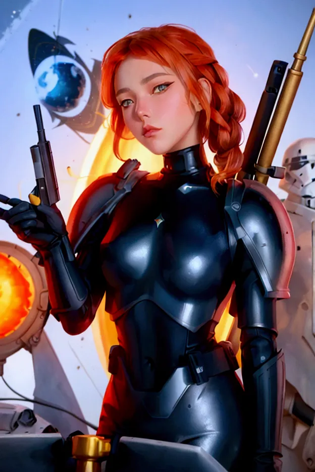 there&#39;a woman with a gun in front of the spaceship.., surreal fantasy art, eternal destiny, female stormtrooper, celestial p...