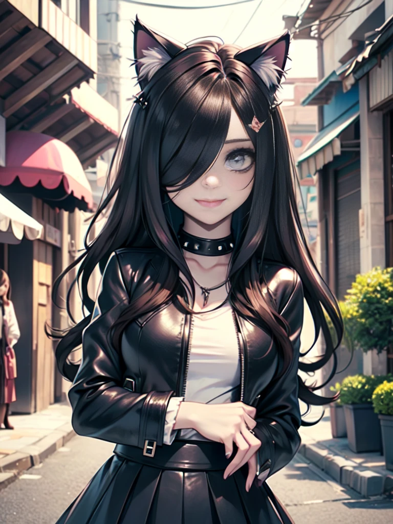 very young slim fit girl, at full height, (rounded face:1.2), very long disheveled dark brown hair, (big brown eyes:1.2), shy smile, perfect flat breast, band on head with fake cat ears, parororo, eyelashes, ariawm, accurate snub nose, (very long strand of hair between eyes:1.3), wearing a studded leather jacket and tulle skirt, with dramatic makeup, summer street, old city, hair over one eye
