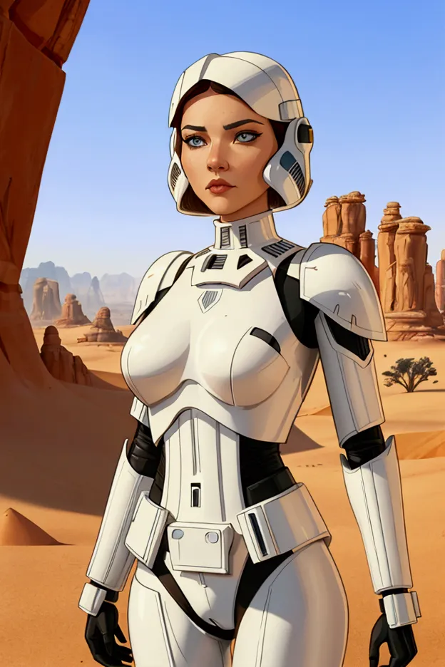 average shot of a female imperial stormtrooper against the backdrop of the desert., based on concept art by magalie villeneuve.,...