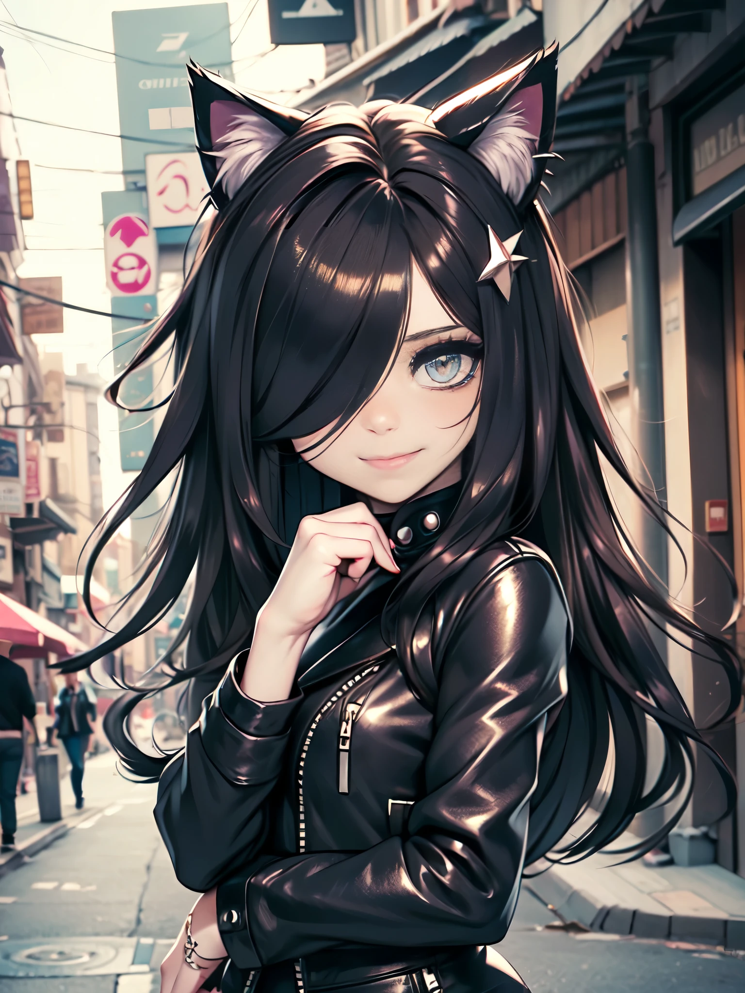 very young slim fit girl, at full height, (rounded face:1.2), very long disheveled dark brown hair, (big brown eyes:1.2), shy smile, perfect flat breast, band on head with fake cat ears, parororo, eyelashes, ariawm, accurate snub nose, (very long strand of hair between eyes:1.3), wearing a studded leather jacket and tulle skirt, with dramatic makeup, summer street, old city, hair over one eye
