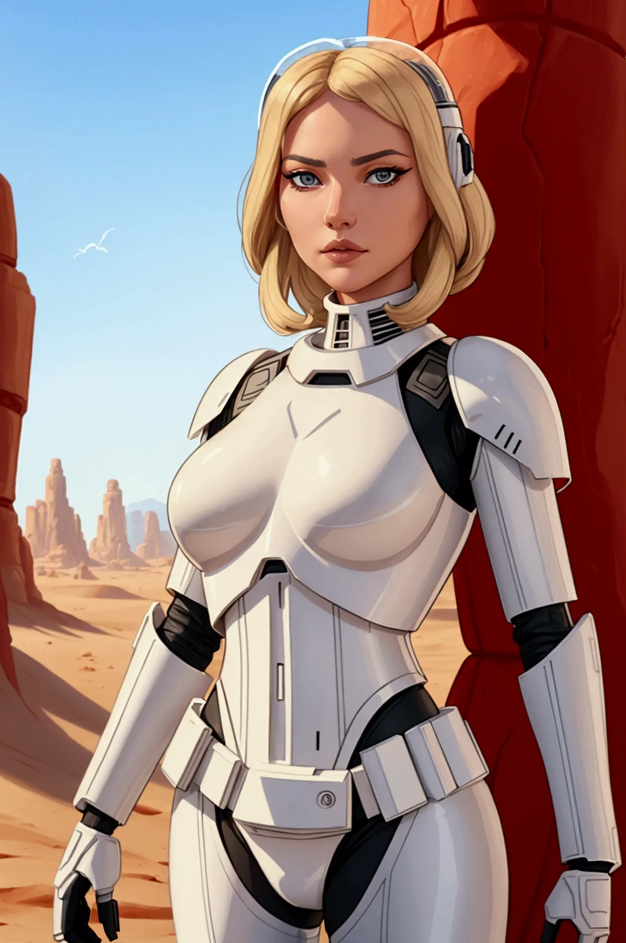 accamary4, accamary4, average shot of a blonde female imperial stormtrooper against the backdrop of the desert., based on concep...