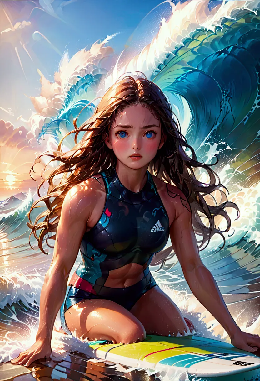 1girl, surfing, a surfer riding a huge wave, ocean waves crashing, beautiful detailed eyes, beautiful detailed lips, extremely d...