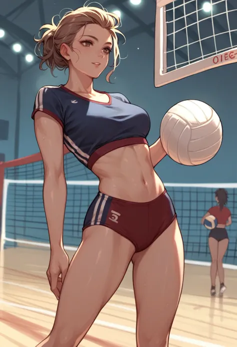 ,black messy tied hair,dark blue gym clothes,lightbrown eyes,pose holding a volleyball ball,breasts big,volleyball background 