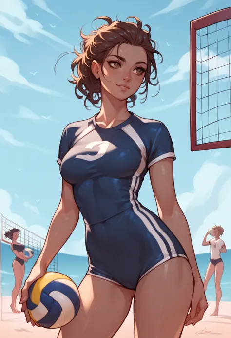 ,black messy tied hair,dark blue gym clothes,lightbrown eyes,pose holding a volleyball ball,breasts big,volleyball background