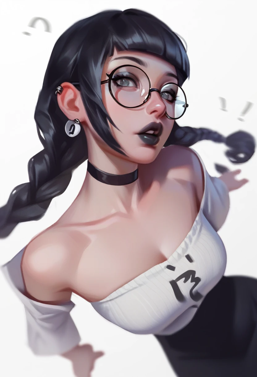 bblurry, traditional art, liu2, brush texture, punctuation_9, punctuation_8_High above, punctuation_7_High above, 1 girl, Bblack hair, braids, slickedback hair, long hair, grey-eyed, thick lips, mic, long eyelashes, half-closed eyes, black frame glasses, round glasses, black choker, Blunt bangs, grown-up, black eyeliner, breasts big, ear piercing, black lips, grey-eyedhadow, looking ahead at viewer, break solo, standing, grown-up, skinny, leg high, arched back, tight slit, break (White background:1.2), simple background, dynamic pose, dynamic angle, angled shot,