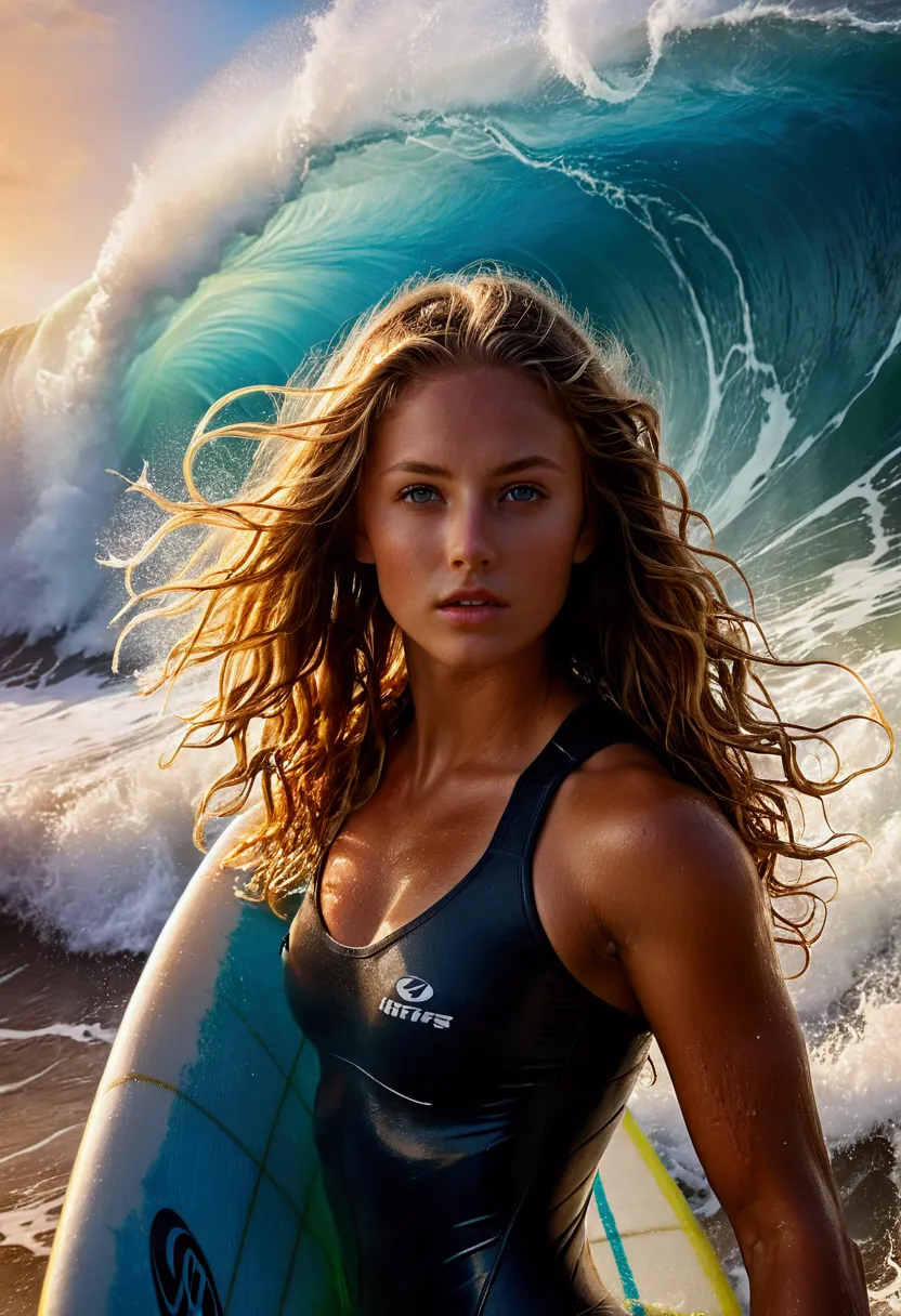 1girl, surfing, a surfer riding a huge wave, ocean waves crashing, beautiful detailed eyes, beautiful detailed lips, extremely d...