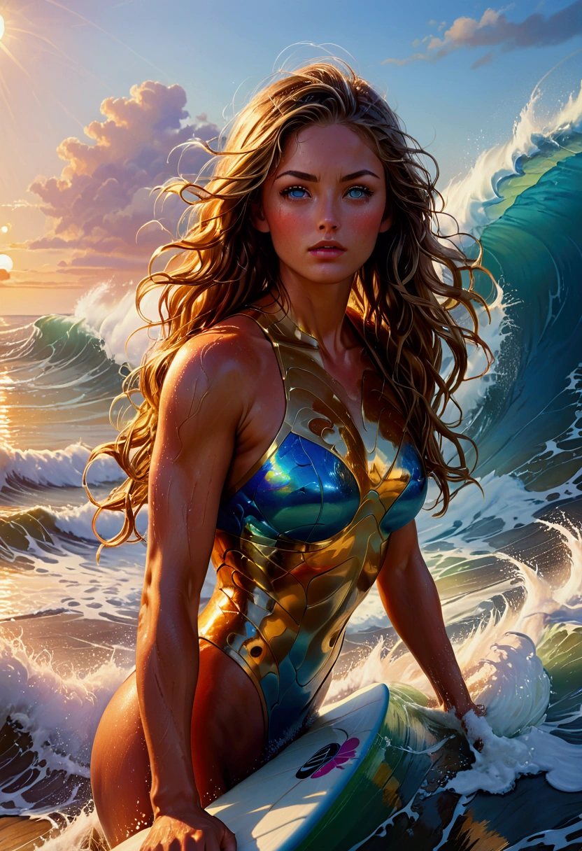 1girl, Surfing, a surfer riding a huge wave, ocean waves crashing, beautiful detailed eyes, beautiful detailed lips, extremely detailed face and skin, long hair blowing in the wind, muscular fit body, ocean spray, golden hour lighting, vibrant colors, cinematic composition, 8k, highres, masterpiece, best quality, very aesthetic, absurdres