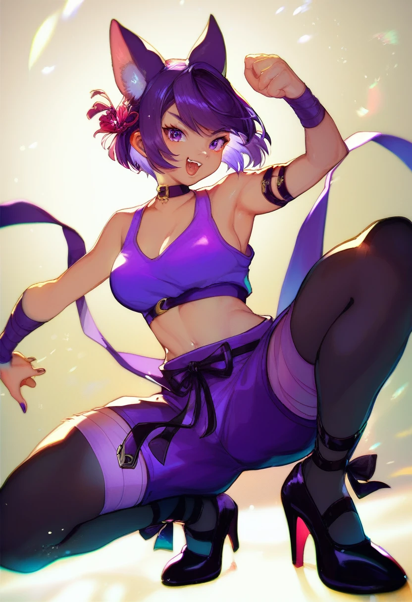 A (kemono cat form, ninja goddess with short purple hair and purple eyes), (((wearing a purple tank top, purple shorts, and high heel shoes with black and purple details ninja style))), ((posing with shurikens in her hands and a large shuriken on her back)), highly detailed, dynamic pose, 8k, hyper detailed, studio lighting, sharp focus, intricate details, elegant, graceful, dynamic, action pose, female lead, dramatic lighting, cinematic composition