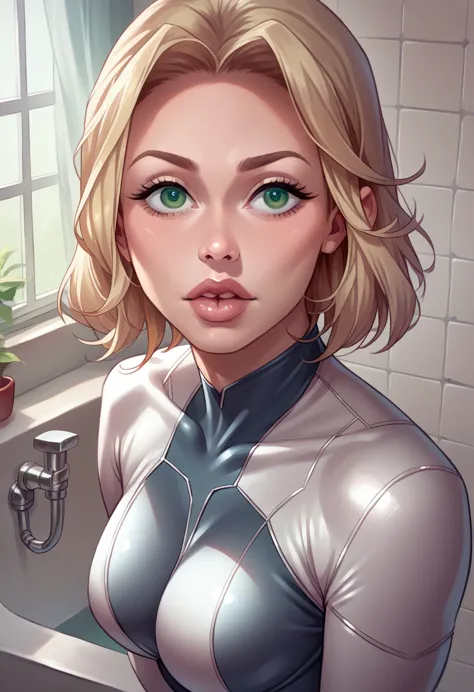 luxanna crownguard, blonde hair, green eyes, bathroom , detailed face, beautiful eyes, long eyelashes, detailed lips, detailed s...