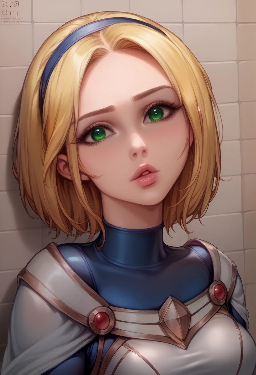 luxanna crownguard, blonde hair, green eyes, bathroom , detailed face, beautiful eyes, long eyelashes, detailed lips, detailed skin, intricate clothing, photorealistic, 8k, highly detailed, short hair, bodysuit blue