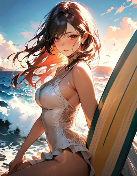 a portrait of a bride surfing the waves, on a sunny day in ocean, an exotic beautiful bride,   ((anatomically correct: 1.5)) ult...