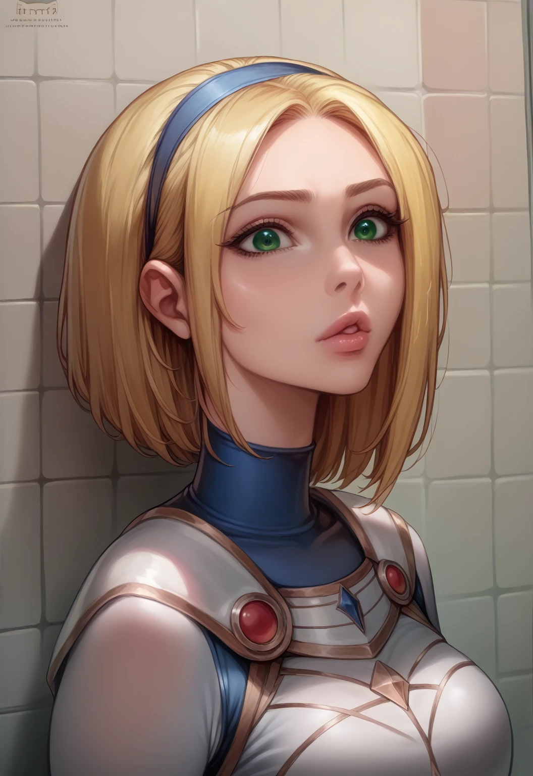 luxanna crownguard, blonde hair, green eyes, bathroom , detailed face, beautiful eyes, long eyelashes, detailed lips, detailed skin, intricate clothing, photorealistic, 8k, highly detailed, short hair, bodysuit blue