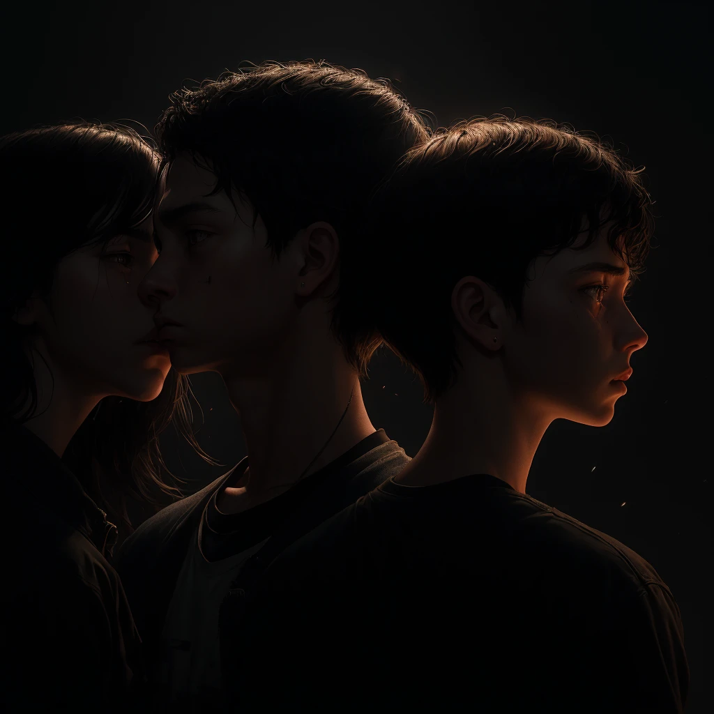 a boy and a girl back to back, sad atmosphere, boy with head down, girl with head raised, friends, cinematic lighting, moody colors, detailed facial features, dramatic shadows, emotional expression, melancholic, atmospheric, realistic, photographic, 8k, high resolution, masterpiece, incredibly detailed, ultra-fine detail