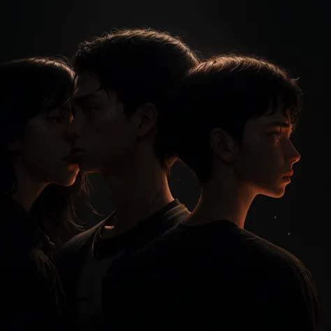 a boy and a girl back to back, sad atmosphere, boy with head down, girl with head raised, friends, cinematic lighting, moody col...