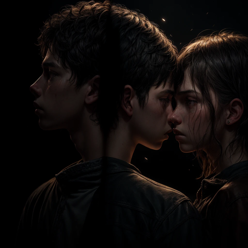 a boy and a girl back to back, sad atmosphere, boy with head down, girl with head raised, cinematic lighting, moody colors, detailed facial features, dramatic shadows, emotional expression, melancholic, atmospheric, realistic, photographic, 8k, high resolution, masterpiece, incredibly detailed, ultra-fine detail