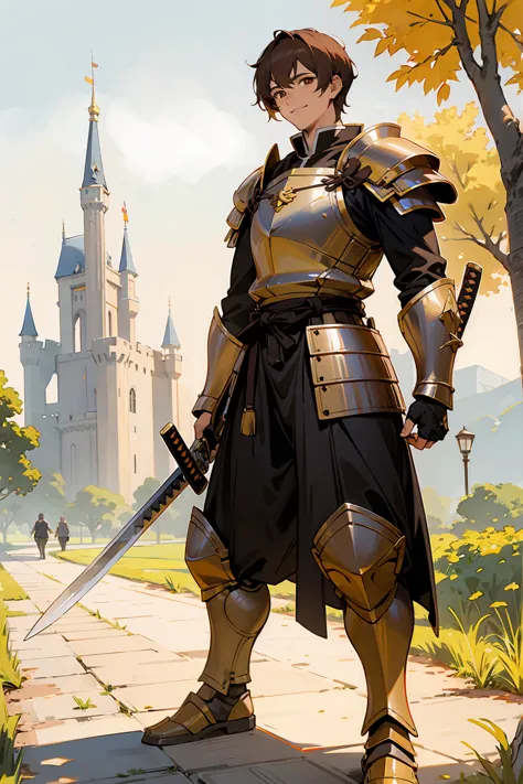 1male, adult, brown eyes, brown hair, yellow hair highlights, short hair, knight armor, castle, katana, standing on path, smile,...