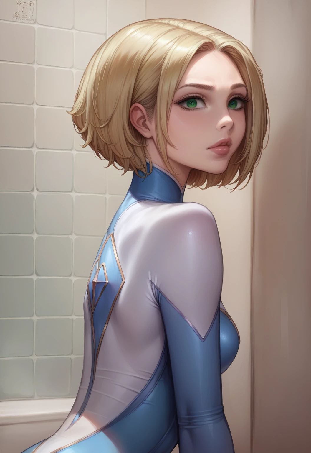 luxanna crownguard, blonde hair, green eyes, bathroom , detailed face, beautiful eyes, long eyelashes, detailed lips, detailed skin, intricate clothing, photorealistic, 8k, highly detailed, short hair, bodysuit blue