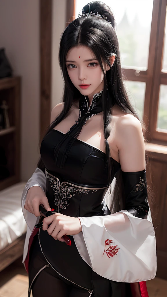 1girl, ray tracing, (dim lighting), (detailed background ), (l) with high ponytail) Avoid blonde eyes in the ominous bedroom (((girl wears intricately embroidered black high-waisted pants with pantyhose) as), showing a delicate slim figure and graceful curves, correc,Black hair, 20 year old vampire woman, beautiful, beauty, black and red duchess dress, long wavy hair, red eyes, mouth with blood, holding a silver knife, a silver cord Around the neck, black and formal clothes, black red lace gloves